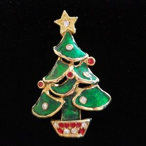 Christmas Tree Brooch Gold Tone Green Enamel